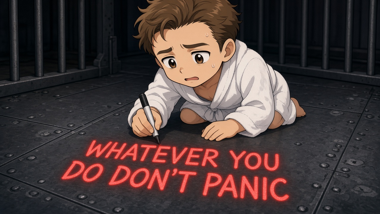 Arthur · lab cell — WHATEVER YOU DO DON’T PANIC · red floor · human subject