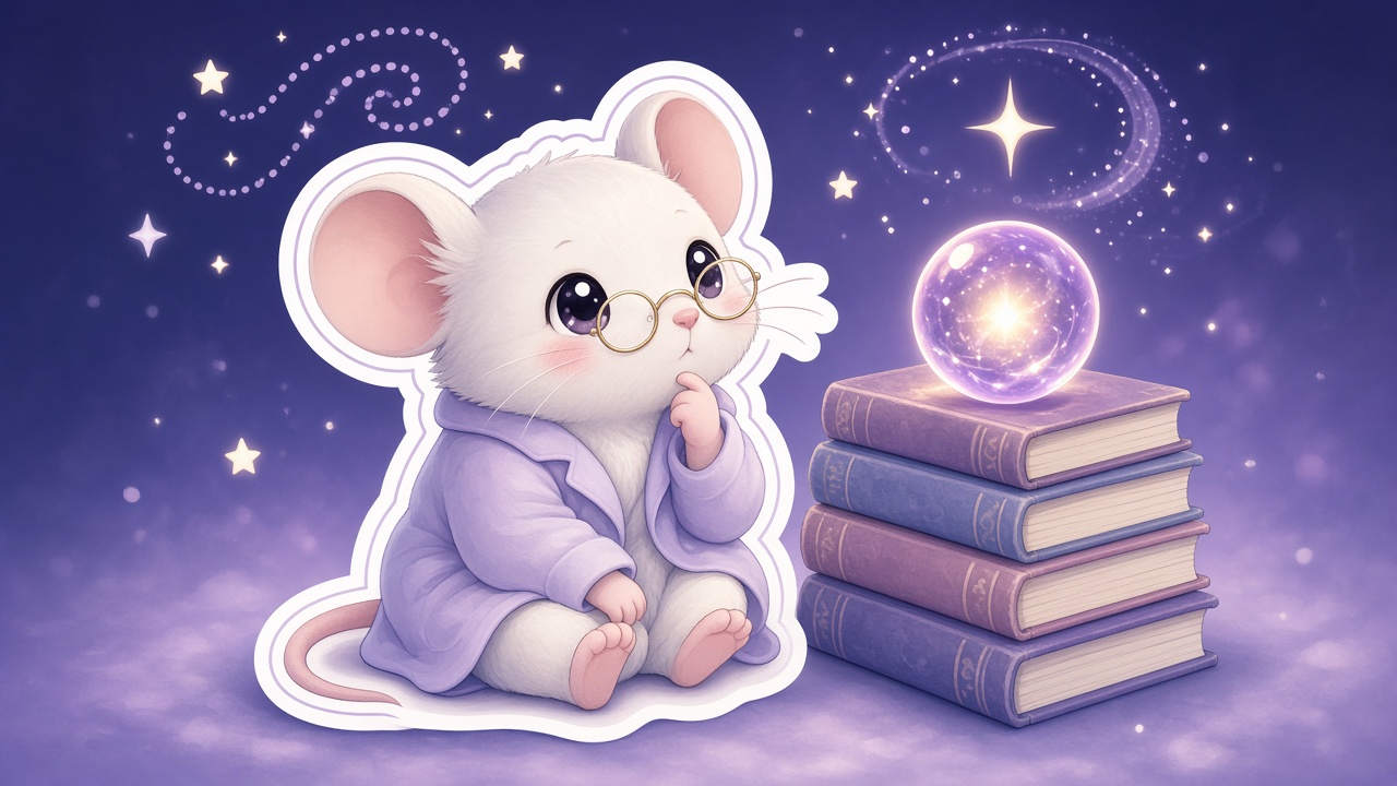 Deep Thinker — chin on paw until the 42-orb blinks first · then shrugs