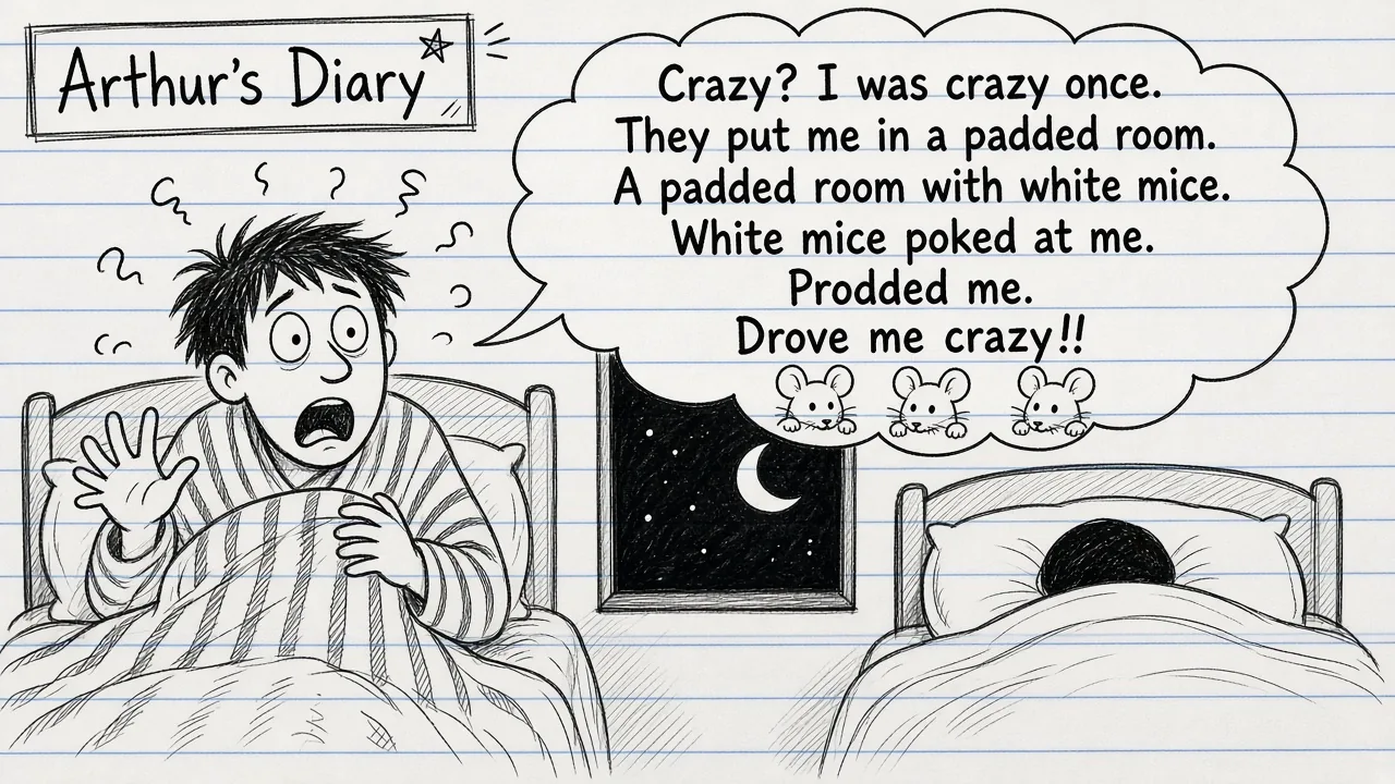 Arthur's Diary comic: padded room with white mice